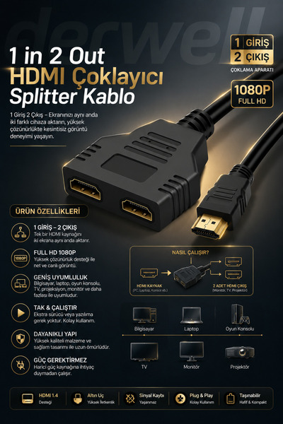 Derwell 1 in 2 Out HDMI Çoklayıcı Splitter Kablo; İki Çıkışlı Ekran Çoğaltıcı...