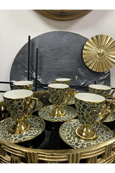 elif aksesuar Khaki Leopard Pattern Footed Porcelain Cup Set