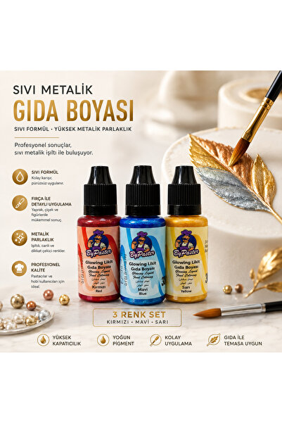 By Paster 3 LÜ SET SIVI METALİK GIDA BOYASI KIRMIZI MAVİ SARI 3*30 g