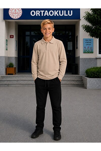 Nacar Yeni Sezon Unisex Çocuk Uzun Kollu Lakost Polo Yaka Tişört ve Ribana Be...