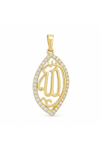 Zeino Zirkon Taşlı Allah Yazılı Kolye Ucu - 14k Altın Kaplama - 13 x 31 mm
