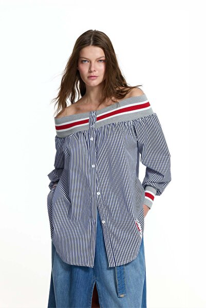 #vdr viadellerose Blue and White Front Buttoned Off-Shoulder Striped Shirt 19006