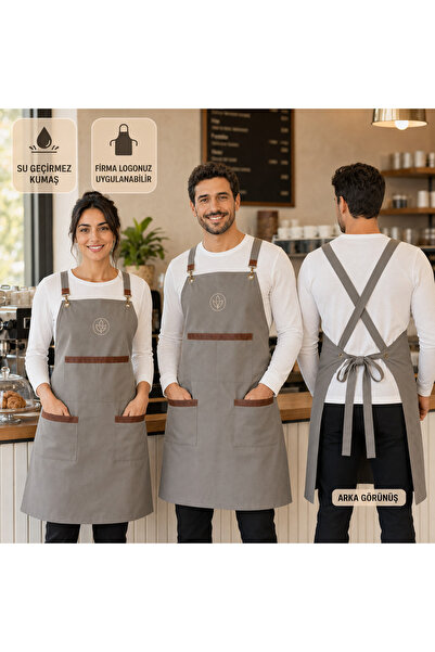 deepsed Barista Önlüğü – Deri Detaylı, Cepli, Firma Logolu Unisex Su Geçirmez
