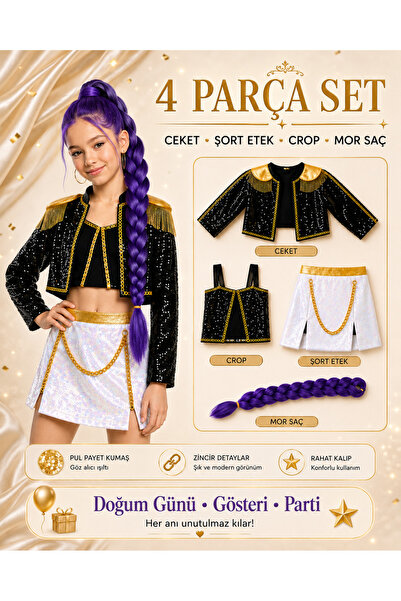 dilaydamla kids Kpop mira kostüm ceket+ şort etek +crop +mor saç