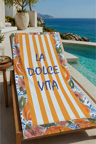 Evmila Yellow Striped La Dolce Vita Citrus Framed 70X150 Beach Towel - Cotton...