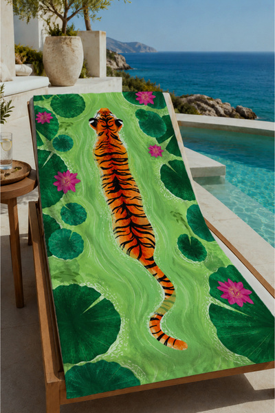 Evmila Zeleni tropski listovi, tigrasti dezen, peškir za plažu 70x150 - digit...