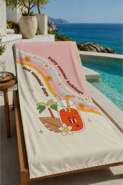 Evmila Prosop de plajă roz Enjoy Summer cu model floral curcubeu 70x150 - Pro...