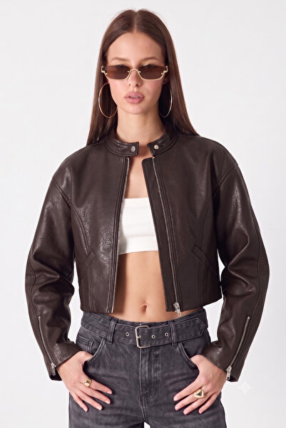 Jaglion Women's Biker Crop High Collar Zippered Light Brown Leather Jacket
