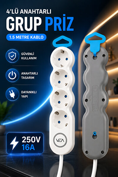 Ecuy 4'lü Grup Priz 1.5 Metre Kablolu Anahtarlı Topraklı Uzatma Kablosu 16A 3...