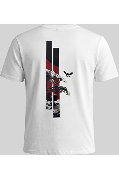 Nazlyna White 100% Cotton Unisex T-Shirt with Japanese Art Tree and Bird Patt...