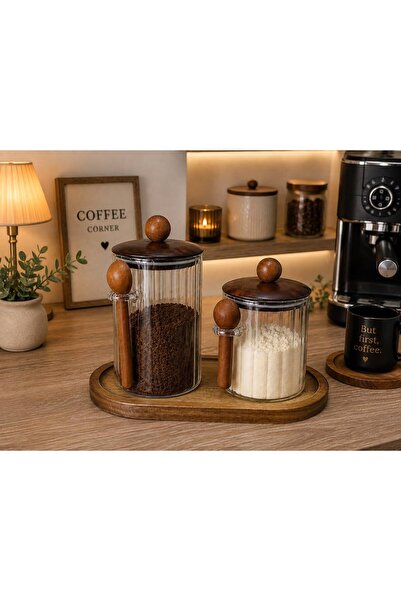 Arlina Home Kids Set of 2 Acacia Lid Glass Jars with Spoons and Acacia Stand ...