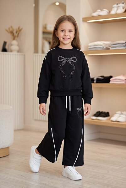 NEWKİDS Girls' Set Children's Long Sleeve Set with Stone-Backed Bow and Black...