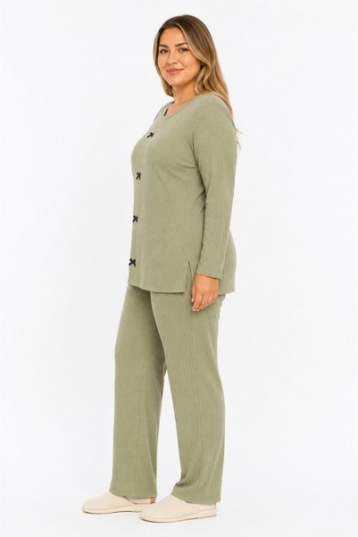 FAMES PİJAMA Büyük Beden Kaşkorse Mevsimlik Haki Pijama Takımı