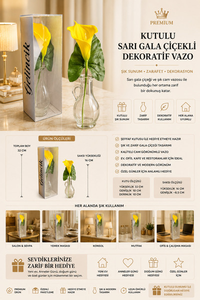 Genel Markalar KUTULU GALA ÇİÇEKLİ DEKORATİF VAZO 32 CM