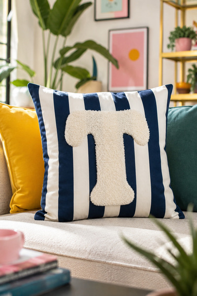 Pilloveland Punch Embroidered Throw Pillow Cover - 43*43 cm - Navy Blue Lette...