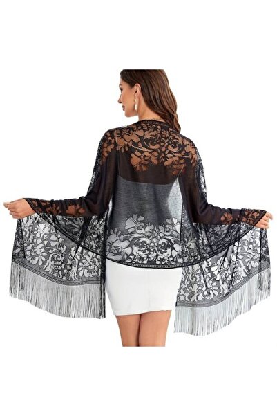 STARSTAR Women's blue tassel scarf 180x70cm floral mesh breathable.