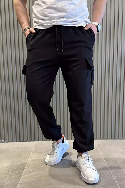 GÜLSELİ Black Waist Tie Cargo Pocket Men's Jogger Walking Pants