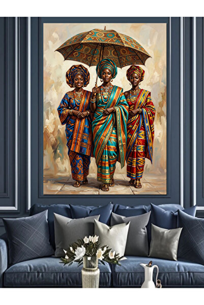 Artmeg Pânză decorativă cu trei femei africane cu umbrele - Tablou din lemn MDF