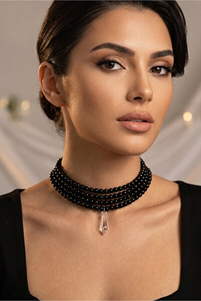 bb bridal boutique Glass Black Pearl Choker Necklace, Pendant Necklace with T...