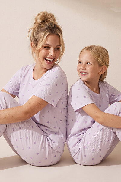Siyah İnci Purple Floral Patterned Cotton Ribbed Camisole Knitted Pajama Set ...