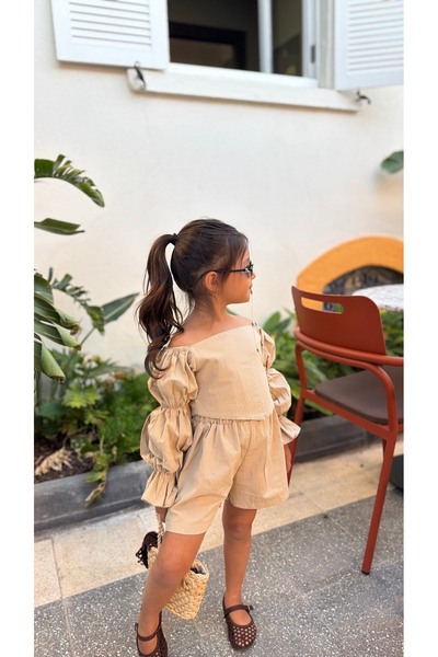 Balerinikizler Baby&Kids Puffy Sleeve Detailed Shorts Set-Beige