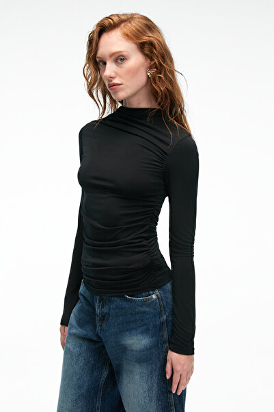 ETHIQUET Solema Women's Slim Black Blouse with Crew Neck and Drawstring Detail