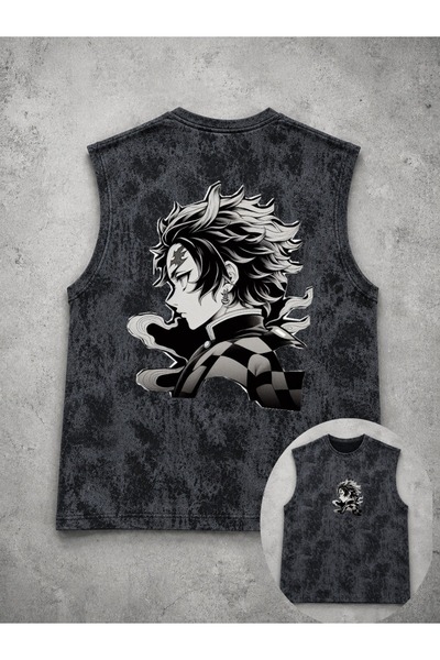 classy moda Unisex Black Washed Tank Top with Anime Characters Printed on the...