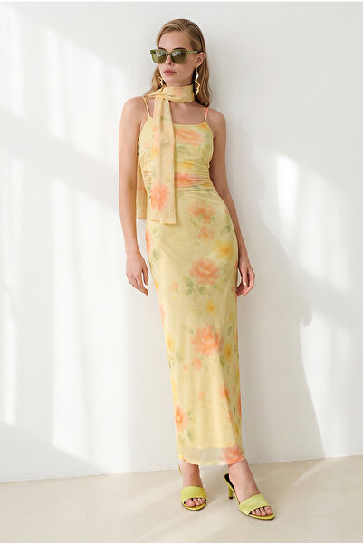 Olalook Women's Yellow Scarf Draped Lined Tulle Dress Elb-19002689