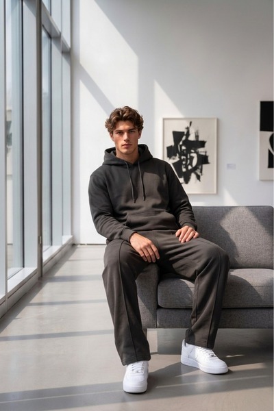 CAST COLLECTİON Erkek Siyah Kapüşonlu Sweat Bol Paça Çimalı Eşofman Takım