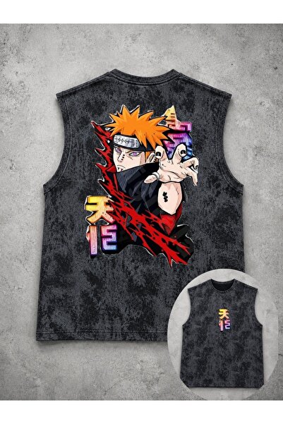 classy moda Unisex Black Washed Tank Top with Anime Characters Printed on the...