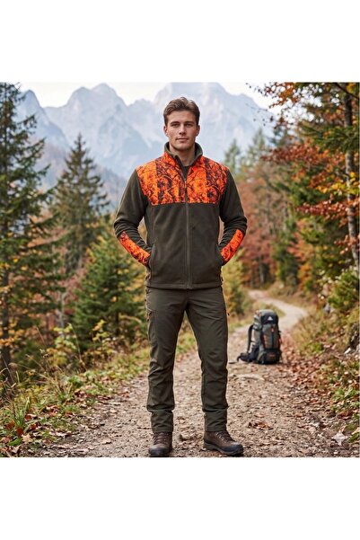 The Baski Hunting Fleece Jacket Orange Camouflage Patterned Khaki Stand Colla...