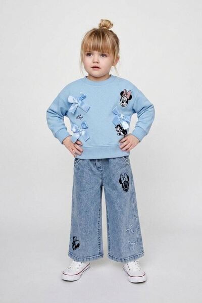 Minigimin Cicileri Mnn Bowknot Detailed Girls' Jeans and Pants Set - Blue