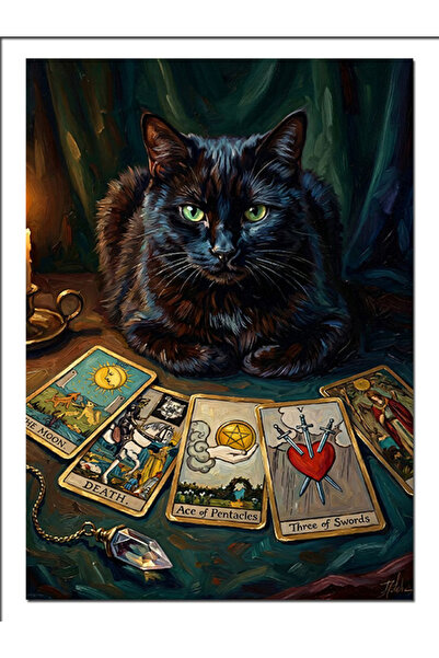 Tablo Mega Tarot Kartları Ve Kara Kedi Fal Dekoratif Kanvas - Mdf Ahşap Tablo