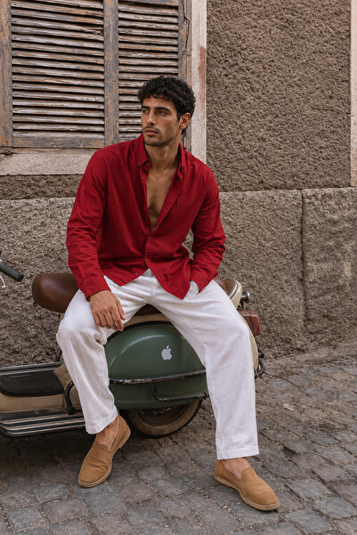 Respire Men's Minimal Printed Oversize Textured Shirt Burgundy