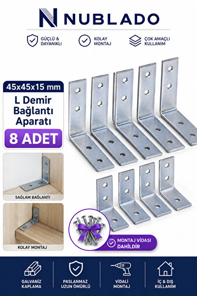 NUBLADO 45x45x15 mm Galvaniz L Demir Köşebent Bağlantı Aparatı Montaj Vidalı ...