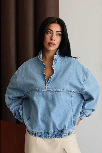 Clothes Fast Hanorac din denim oversize, albastru, cu jumătate de fermoar și ...