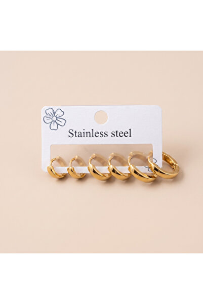 staınless steel 316L Çelik Gold Renk 3 Boy Bombeli Kalın Halka Küpe Seti 1 -1...