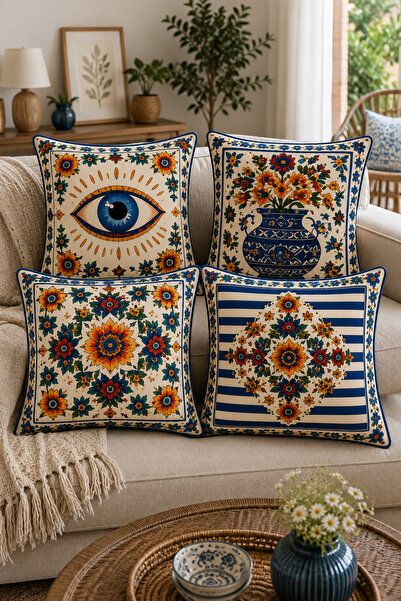 ayshome textile Ays Home Bohemian Evil Eye Floral Double-Sided 4-Piece Throw ...