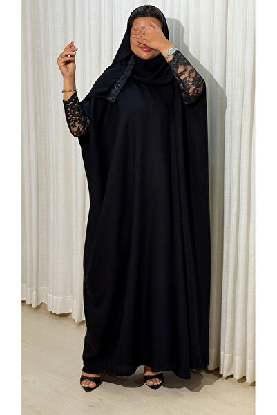 Ms Abaya Made of Blackberry Fabric with Black Summer Lace Sleeves and All-Ove...