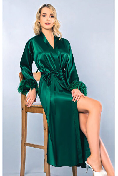 Viselya Satin Sleeves Feathered Long Dressing Gown