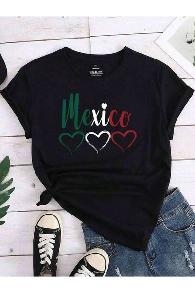 2BIR 1pc Regular Mexico Women Crew Neck Comfortable Casual Heart Print Short ...