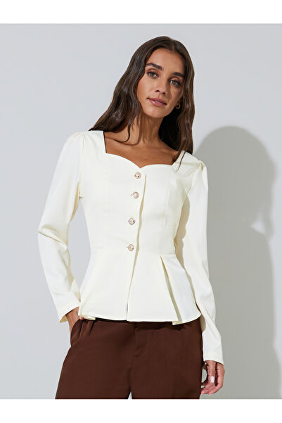 Styli Off White Solid Pleated Detail Sweetheart Neck Peplum Top