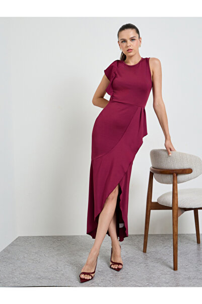 Take Two By Styli Burgundy Solid Pleated Details A-Line Dress