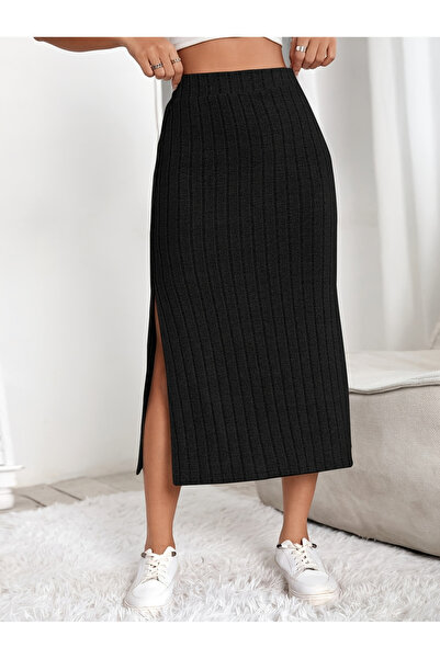 Take Two By Styli Black Textured Side Slit Ribbed Midi Skirt