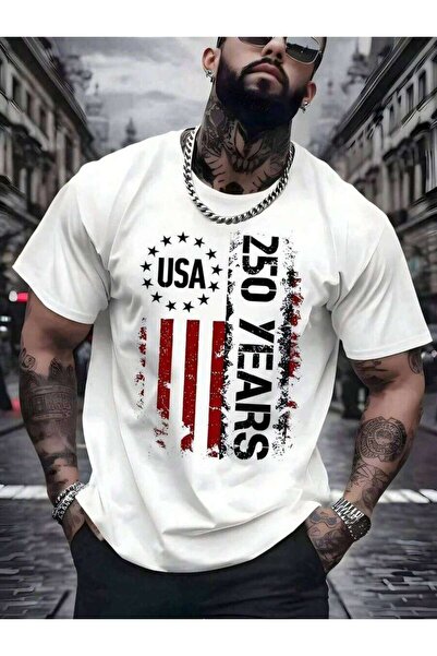 2BIR Iece White T-Shirt With USA Flag Print. UU. Anniversary, Round Neck, Cas...