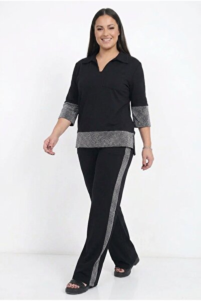 By Saygı Women's Polo Collar Quarter Sleeve Blouse Elastic Waist Wide Leg Pan...