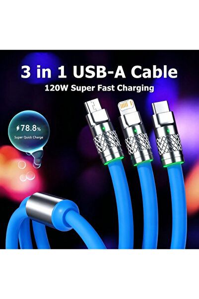 Choice1 1.2m Blue 3 In 1 Multi-Port 120W Fast Charge Cable For iPhone 13 14 H...