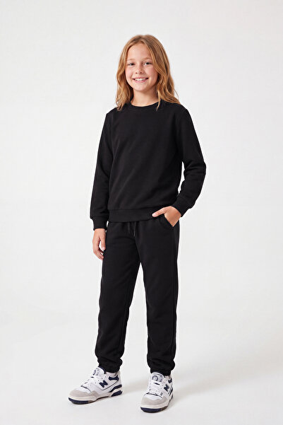 FYK KİDS Girl's Plain Crew Neck Double Pocket Tracksuit Set