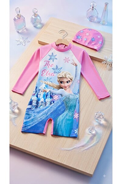 mikam Girls' Long Sleeved Swimsuit New Model with Shorts and Printed Tulle