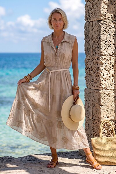 Chiccy Italian Beige Shirt Collar Sleeveless Lined Skirt Ruffle Belted Embroi...